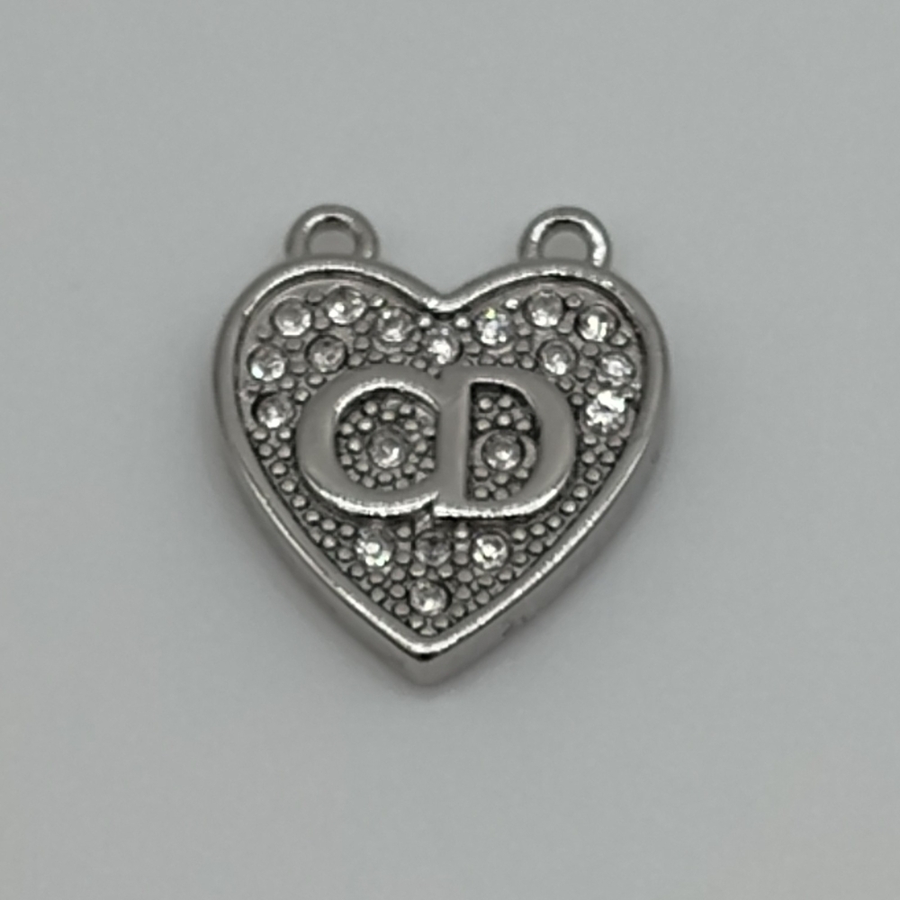 CHRISTIAN DIOR CD Heart Charm Silver Rhinestone Double Loop Connector
